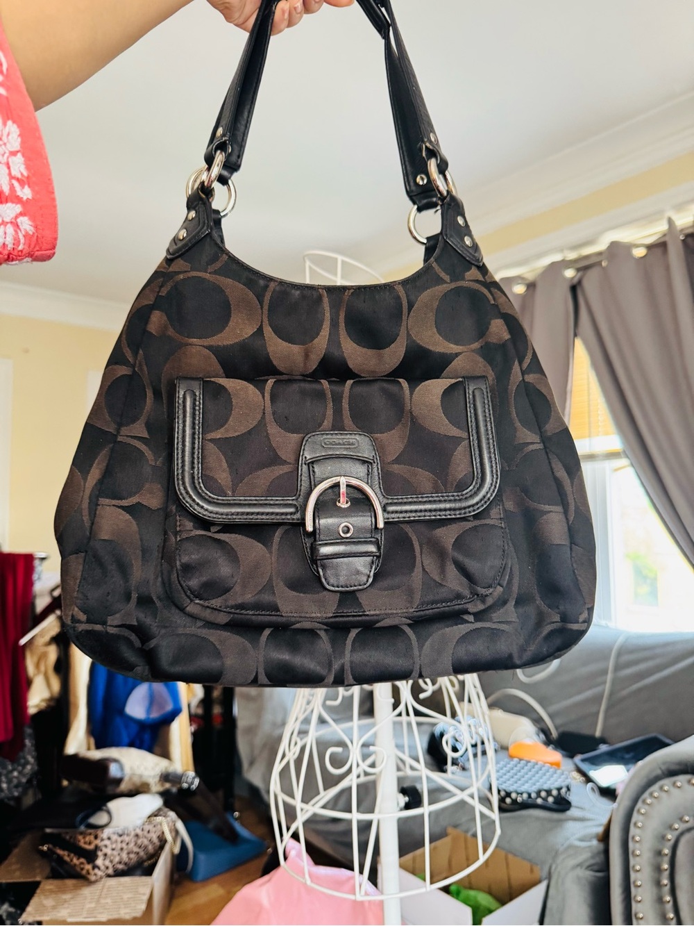 Coach Brown and Black Signature Canvas Shoulder Bag